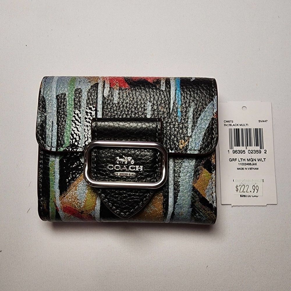 NWT Coach CM672 X Mint + Serf Small Morgan Wallet Silver / Black Multi